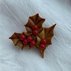 Vintage Mid Century Modern Holly Berry Leaf Brooch
